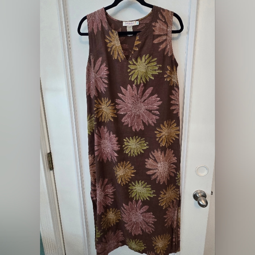Fresh Produce Dress Brown Floral Midi Linen Sleeveless